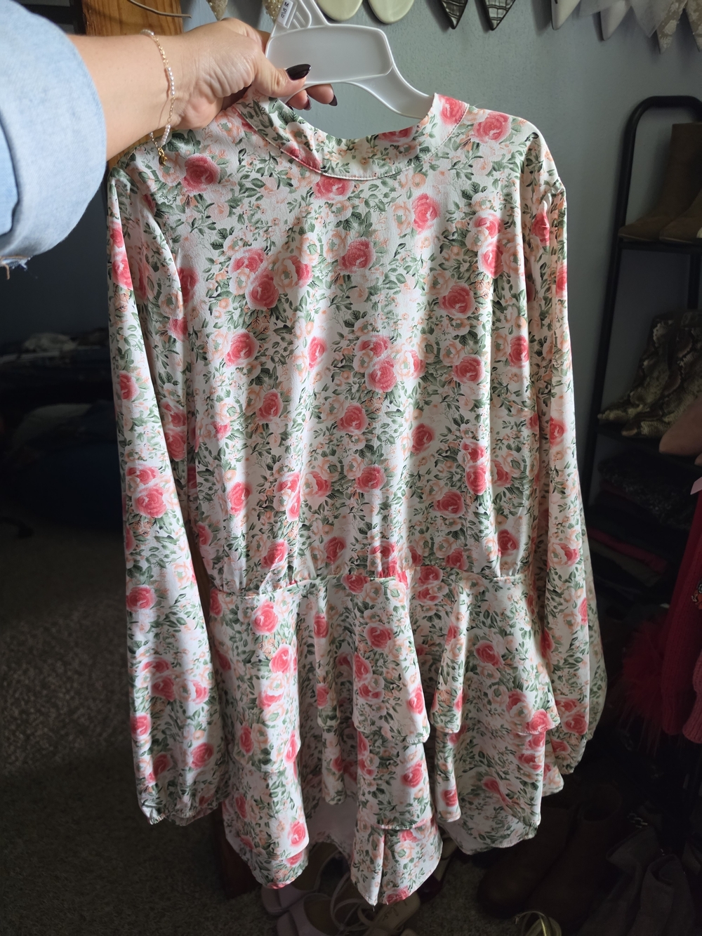Endless Rose Floral Long-Sleeve Peplum Romper - Pink & Green